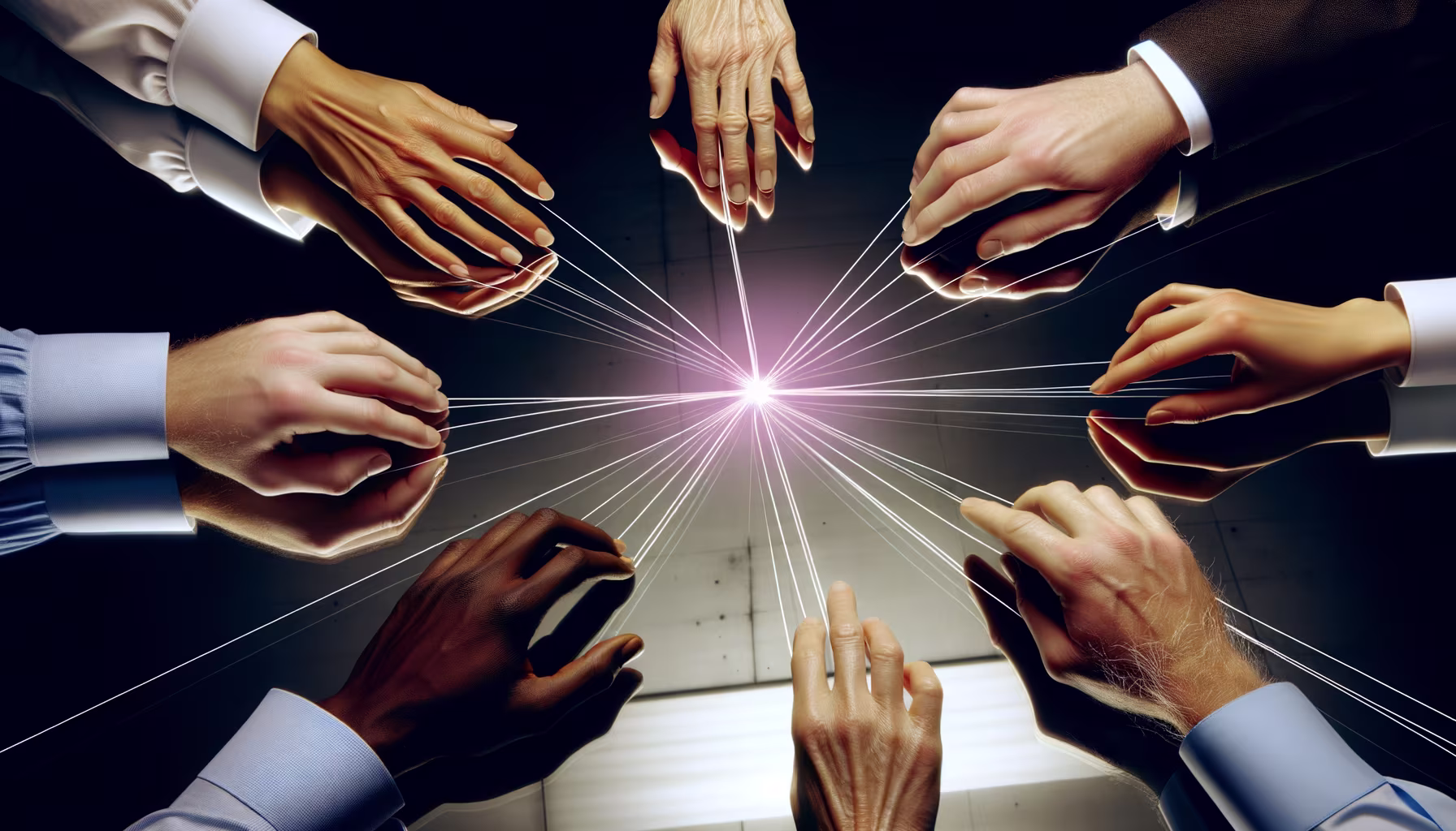 Hände verschiedener Personen in einem Kreis, die durch leuchtende Linien mit einem zentralen Lichtpunkt verbunden sind, symbolisieren Zusammenarbeit und Vernetzung.
