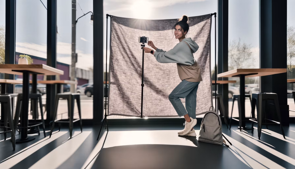 Eine junge Frau stellt in einem modernen Café ein Smartphone auf einem Stativ vor einem Hintergrundtuch auf, während die Sonne durch die großen Fenster scheint.