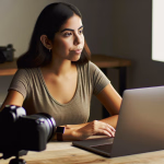 Junge Frau blickt nachdenklich von ihrem Laptop weg, während auf dem Holztisch eine Kamera auf einem Stativ steht, was kreative Arbeit oder Fotobearbeitung suggeriert.