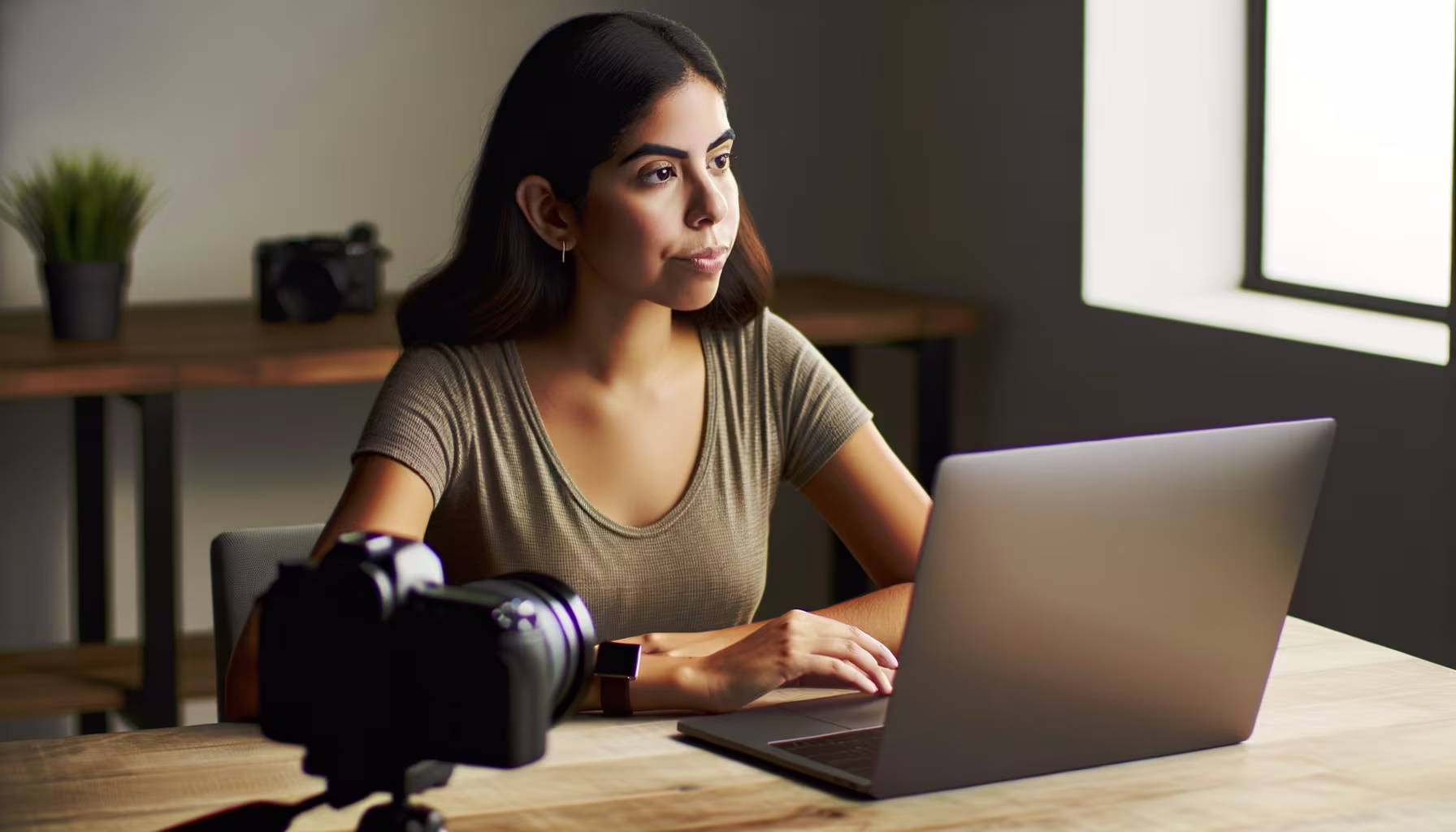 Junge Frau blickt nachdenklich von ihrem Laptop weg, während auf dem Holztisch eine Kamera auf einem Stativ steht, was kreative Arbeit oder Fotobearbeitung suggeriert.