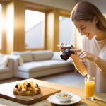 Junge Frau fotografiert eine bunte Obsttorte auf einem Holztisch in einem sonnendurchfluteten Raum.