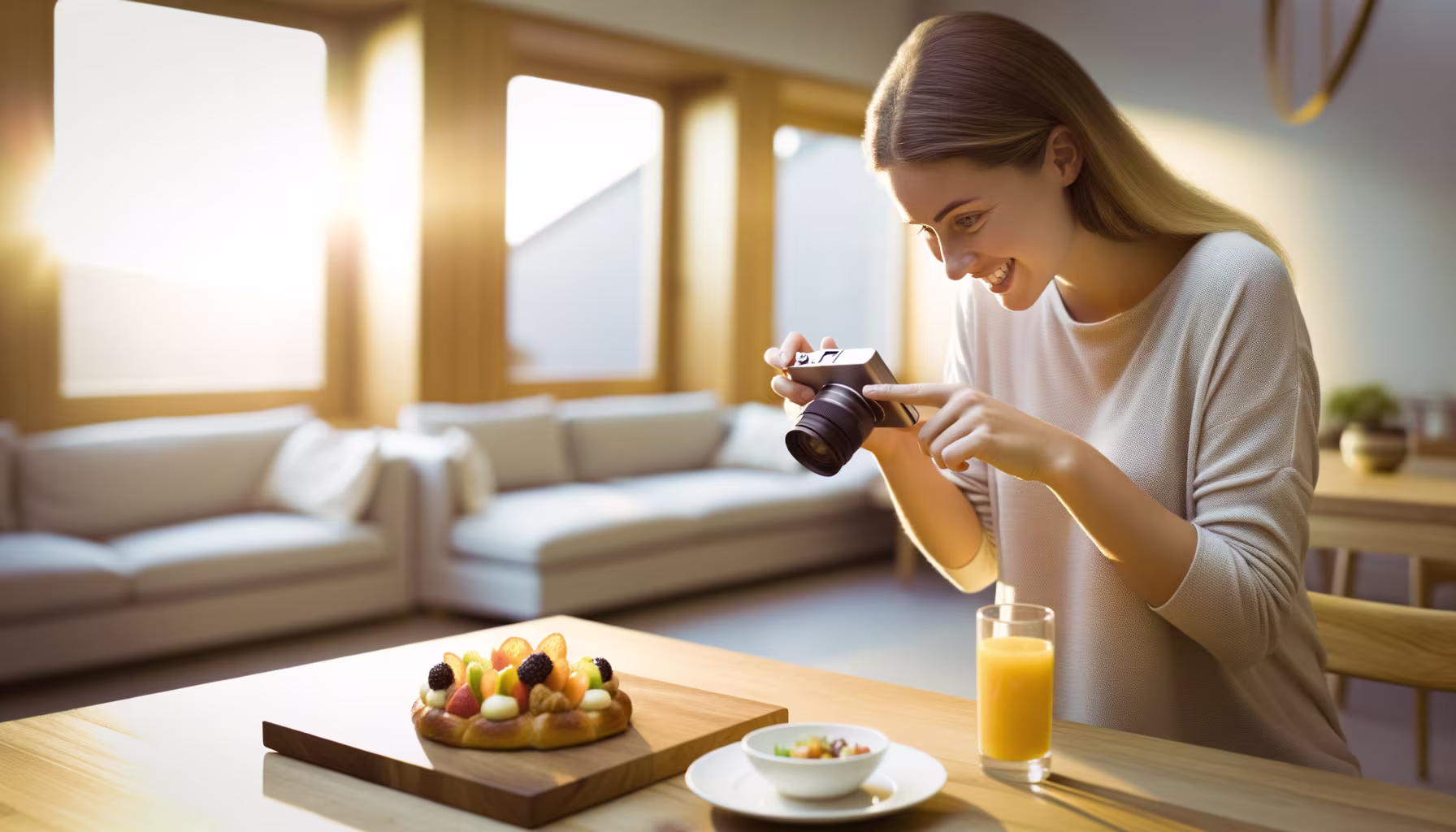 Junge Frau fotografiert eine bunte Obsttorte auf einem Holztisch in einem sonnendurchfluteten Raum.