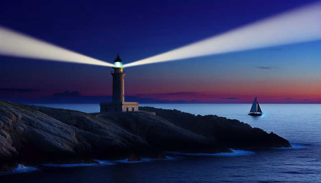 Leuchtturm auf felsiger Küste bei Dämmerung, dessen Lichtstrahlen das Meer und ein Segelboot erhellen.
