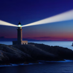 Leuchtturm auf felsiger Küste bei Dämmerung, dessen Lichtstrahlen das Meer und ein Segelboot erhellen.