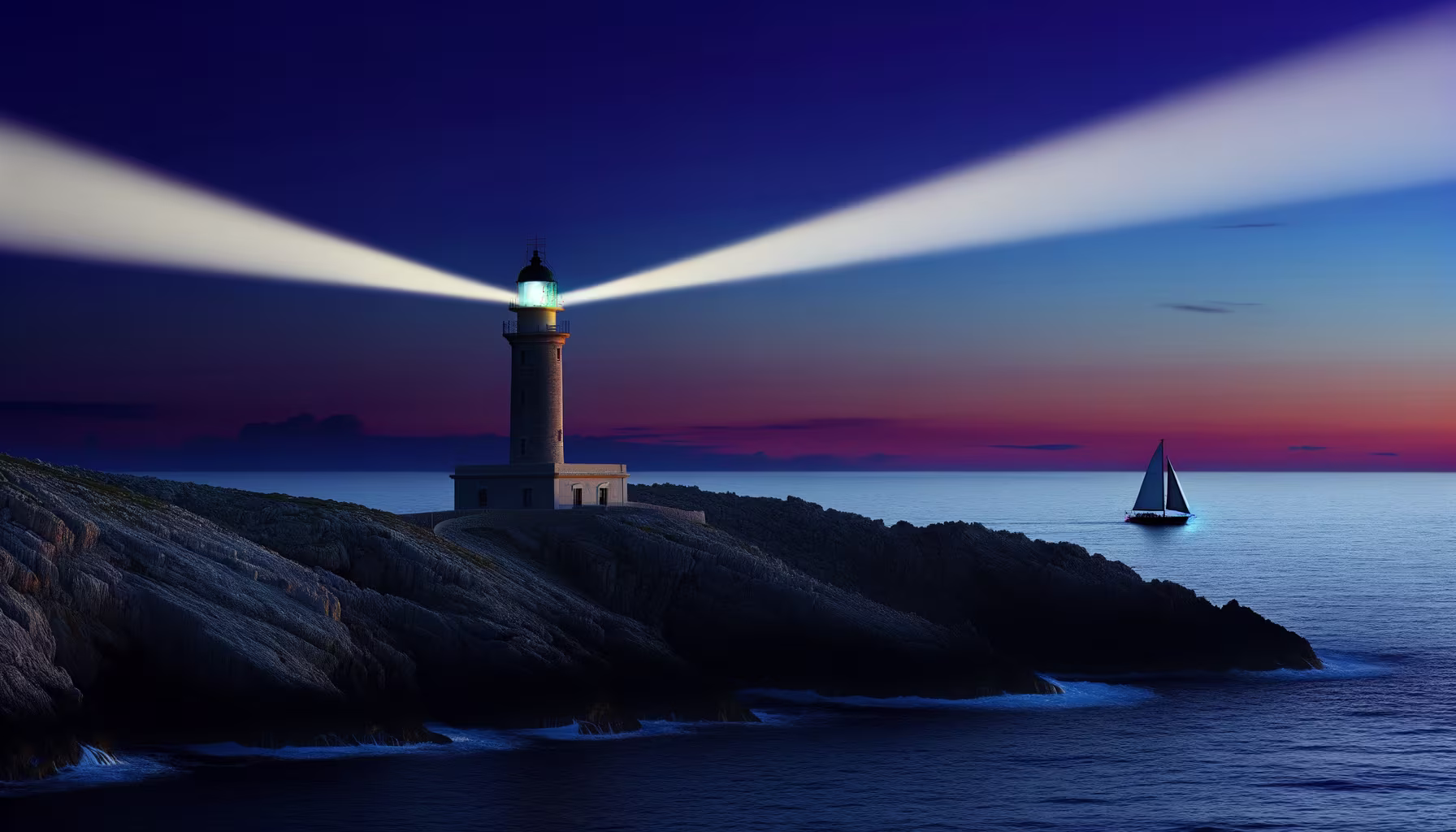 Leuchtturm auf felsiger Küste bei Dämmerung, dessen Lichtstrahlen das Meer und ein Segelboot erhellen.