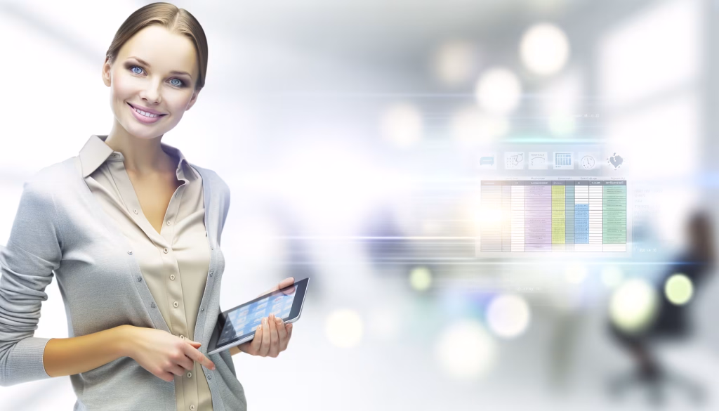 **Textvorschlag:** Eine freundliche, professionelle junge Frau präsentiert ein Tablet, das sie in den Händen hält und bedient. Ihr Lächeln und die offene Haltung vermitteln Kompetenz und Zugänglichkeit. Der Hintergrund ist eine modern anmutende, helle Büroumgebung, durch die digitale Overlays in Form von Datentabellen und Icons schweben. Dies symbolisiert die nahtlose Integration von Technologie und Datenmanagement in den heutigen Geschäftsalltag und veranschaulicht die Effizienz digitaler Lösungen. **Alternativtext:** Lächelnde Geschäftsfrau hält ein Tablet vor einem unscharfen Bürohintergrund mit digitaler Datenanzeige.