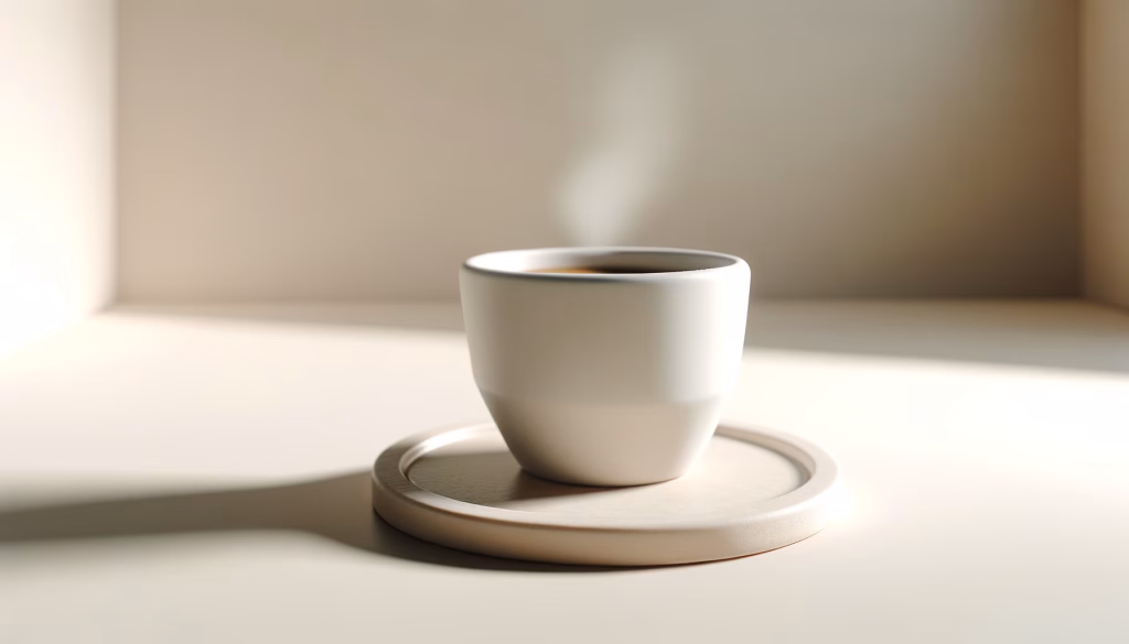 Eine minimalistische weiße Tasse dampfenden Kaffees auf einem Untersetzer, beleuchtet von sanftem Seitenlicht, das einen langen Schatten wirft.