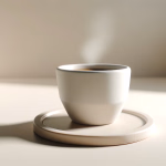 Eine minimalistische weiße Tasse dampfenden Kaffees auf einem Untersetzer, beleuchtet von sanftem Seitenlicht, das einen langen Schatten wirft.