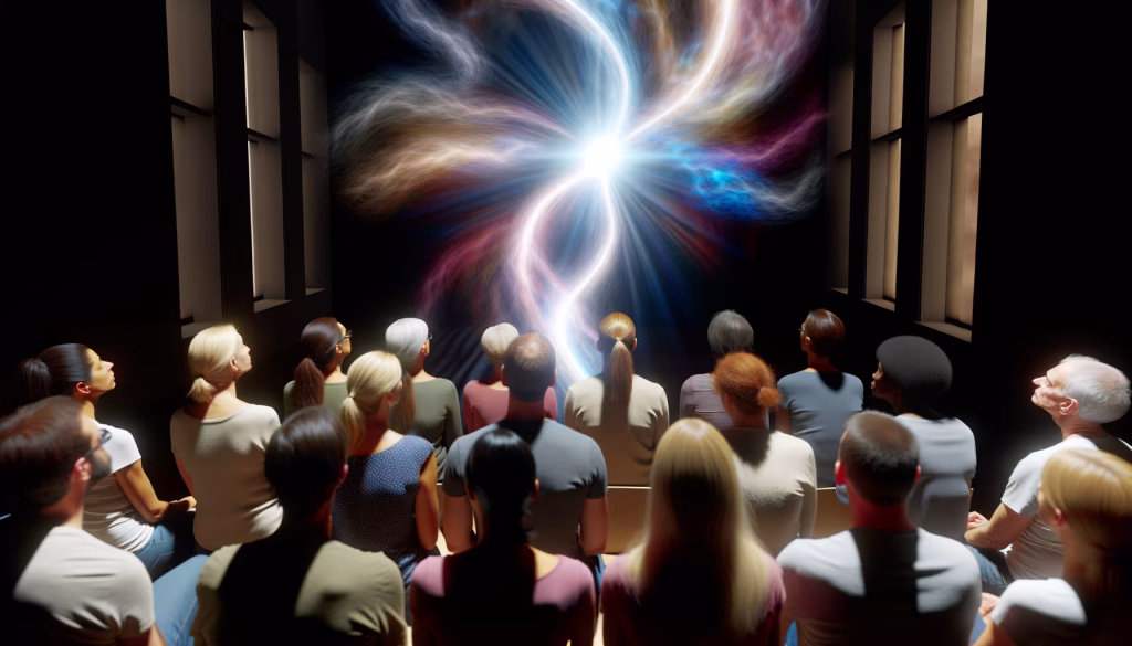 Eine Gruppe von Menschen sitzt in einem dunklen Raum und blickt auf eine leuchtende, farbenfrohe und wirbelnde Lichtformation.