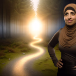 Eine Frau mit braunem Hijab steht lächelnd vor einem dunklen, nebligen Wald, in dem ein leuchtender, gewundener Pfad zu einem hellen Licht am Horizont führt.