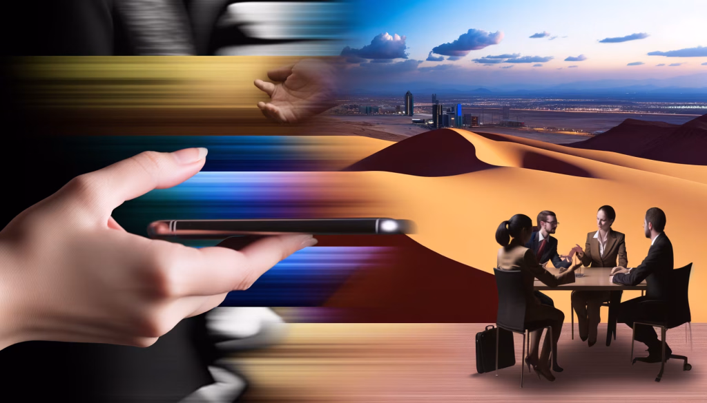 Ein dynamisches Kompositbild, das digitale Kommunikation, internationale Geschäftstreffen und globale Reichweite durch Hände mit Smartphones, eine Geschäftsgruppe und eine moderne Wüstenstadt verbindet.