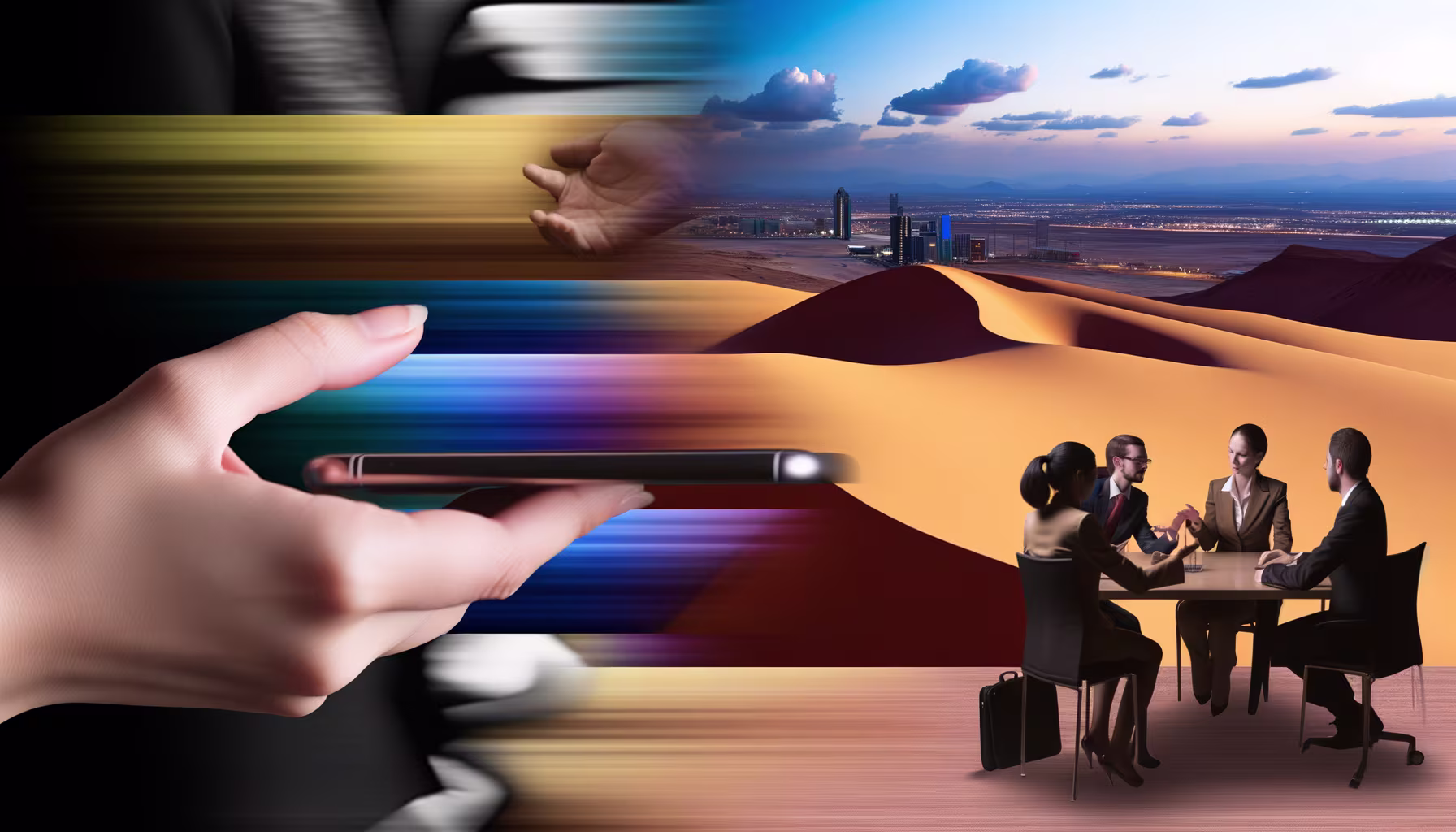 Ein dynamisches Kompositbild, das digitale Kommunikation, internationale Geschäftstreffen und globale Reichweite durch Hände mit Smartphones, eine Geschäftsgruppe und eine moderne Wüstenstadt verbindet.