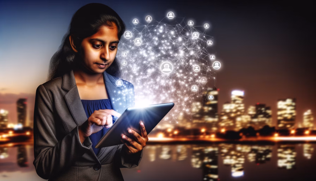 Eine junge Frau interagiert mit einem leuchtenden Tablet, aus dem ein Netzwerk aus miteinander verbundenen Profilsymbolen aufsteigt, vor dem verschwommenen Hintergrund einer nächtlichen Stadtlandschaft.