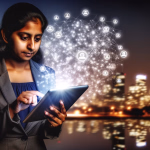 Eine junge Frau interagiert mit einem leuchtenden Tablet, aus dem ein Netzwerk aus miteinander verbundenen Profilsymbolen aufsteigt, vor dem verschwommenen Hintergrund einer nächtlichen Stadtlandschaft.