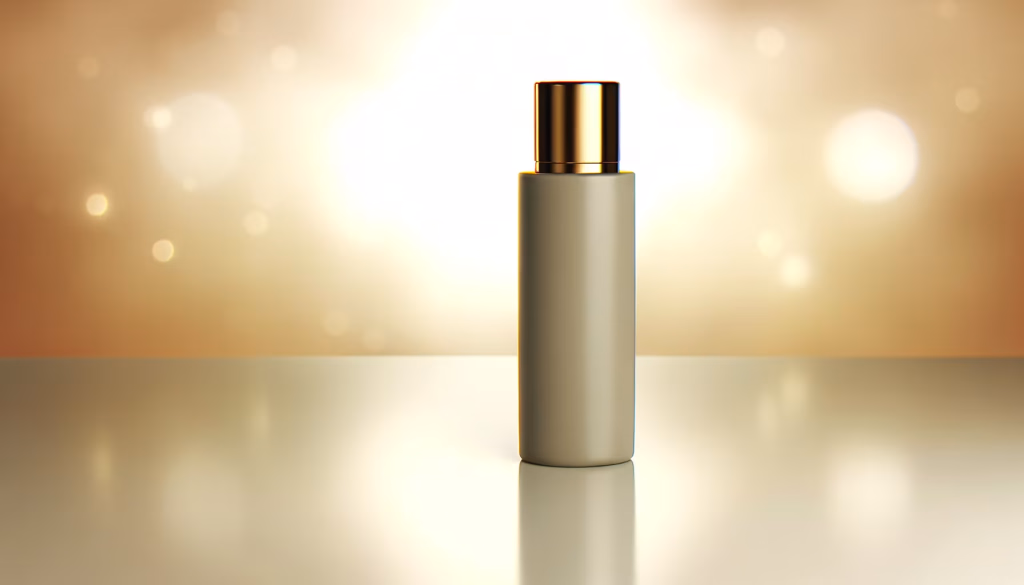 Elegante, zylinderförmige Produktflasche mit goldener Kappe auf einer reflektierenden Oberfläche vor einem warmen, goldenen Bokeh-Hintergrund.