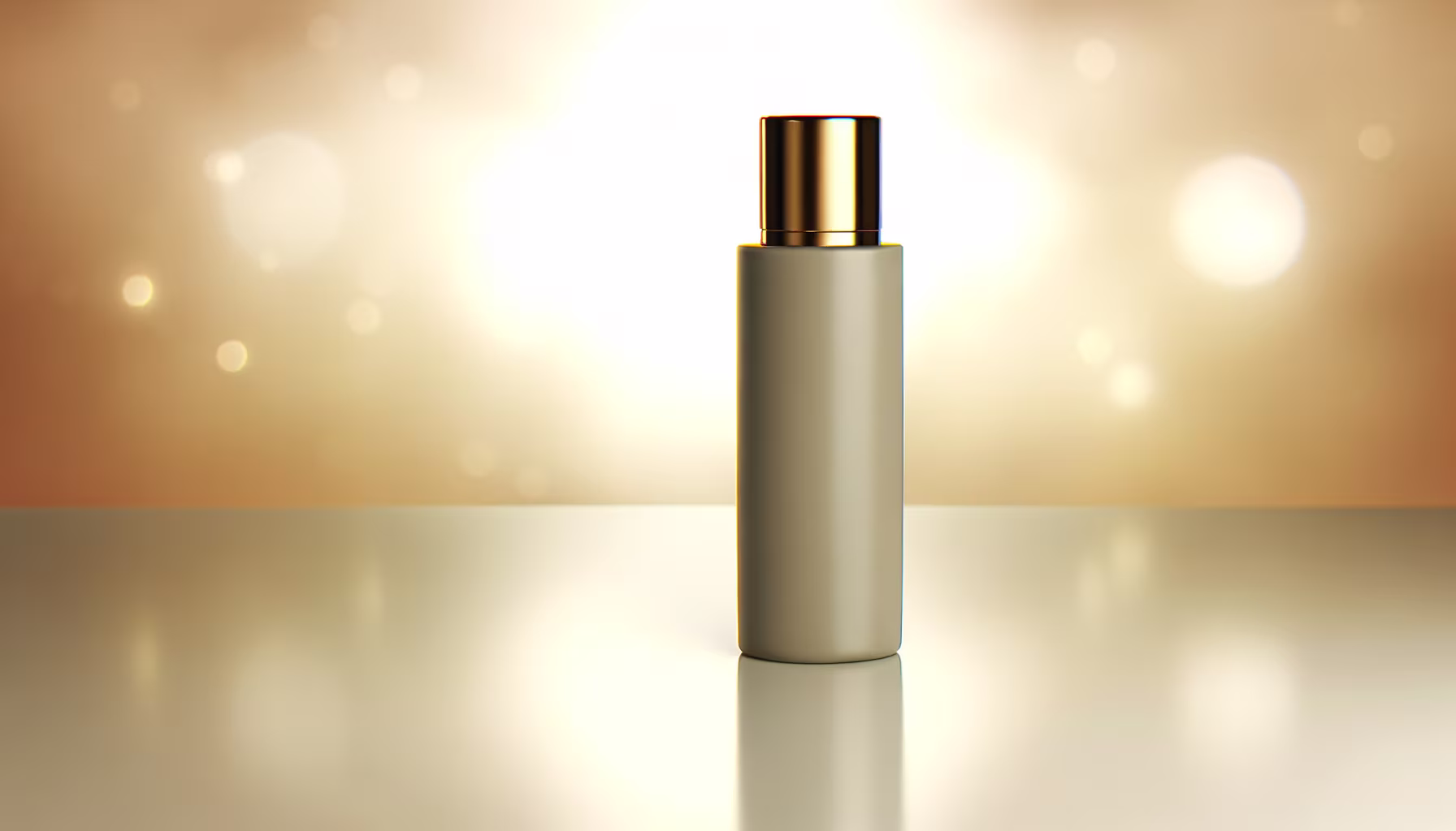Elegante, zylinderförmige Produktflasche mit goldener Kappe auf einer reflektierenden Oberfläche vor einem warmen, goldenen Bokeh-Hintergrund.