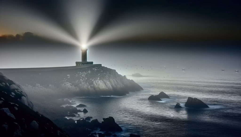 **Vorgeschlagener Text:** Ein imposanter Leuchtturm steht auf einer felsigen Landzunge, dessen kraftvolle Lichtstrahlen die dichte Nebelbank über dem Meer durchdringen. Die hellen Kegel schneiden durch die Dunkelheit des Himmels und die schattige Gischt der Brandung, die sich um die schroffen Felsen am Ufer legt. In der Ferne, kaum sichtbar durch den Nebel, sind die Lichter mehrerer Boote zu erkennen, die sich ihren Weg durch die weite See bahnen. Kleine Vögel fliegen über den grauen Wellen, während die gesamte Szenerie eine Atmosphäre von Mysterium, Orientierung und der unberührten Kraft der Natur ausstrahlt. **Alternativtext:** Ein Leuchtturm auf einer felsigen Landzunge sendet breite Lichtstrahlen durch eine neblige See, an deren Horizont Boote erkennbar sind.