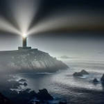 **Vorgeschlagener Text:** Ein imposanter Leuchtturm steht auf einer felsigen Landzunge, dessen kraftvolle Lichtstrahlen die dichte Nebelbank über dem Meer durchdringen. Die hellen Kegel schneiden durch die Dunkelheit des Himmels und die schattige Gischt der Brandung, die sich um die schroffen Felsen am Ufer legt. In der Ferne, kaum sichtbar durch den Nebel, sind die Lichter mehrerer Boote zu erkennen, die sich ihren Weg durch die weite See bahnen. Kleine Vögel fliegen über den grauen Wellen, während die gesamte Szenerie eine Atmosphäre von Mysterium, Orientierung und der unberührten Kraft der Natur ausstrahlt. **Alternativtext:** Ein Leuchtturm auf einer felsigen Landzunge sendet breite Lichtstrahlen durch eine neblige See, an deren Horizont Boote erkennbar sind.