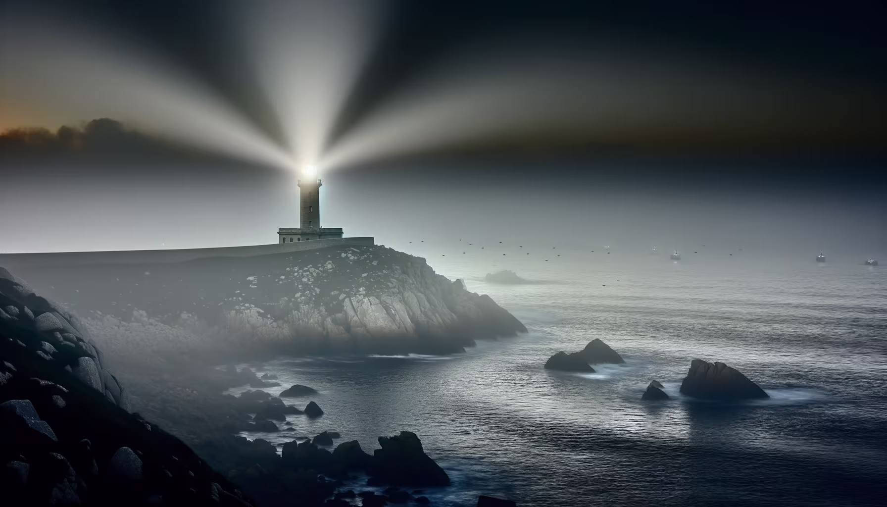 **Vorgeschlagener Text:** Ein imposanter Leuchtturm steht auf einer felsigen Landzunge, dessen kraftvolle Lichtstrahlen die dichte Nebelbank über dem Meer durchdringen. Die hellen Kegel schneiden durch die Dunkelheit des Himmels und die schattige Gischt der Brandung, die sich um die schroffen Felsen am Ufer legt. In der Ferne, kaum sichtbar durch den Nebel, sind die Lichter mehrerer Boote zu erkennen, die sich ihren Weg durch die weite See bahnen. Kleine Vögel fliegen über den grauen Wellen, während die gesamte Szenerie eine Atmosphäre von Mysterium, Orientierung und der unberührten Kraft der Natur ausstrahlt. **Alternativtext:** Ein Leuchtturm auf einer felsigen Landzunge sendet breite Lichtstrahlen durch eine neblige See, an deren Horizont Boote erkennbar sind.