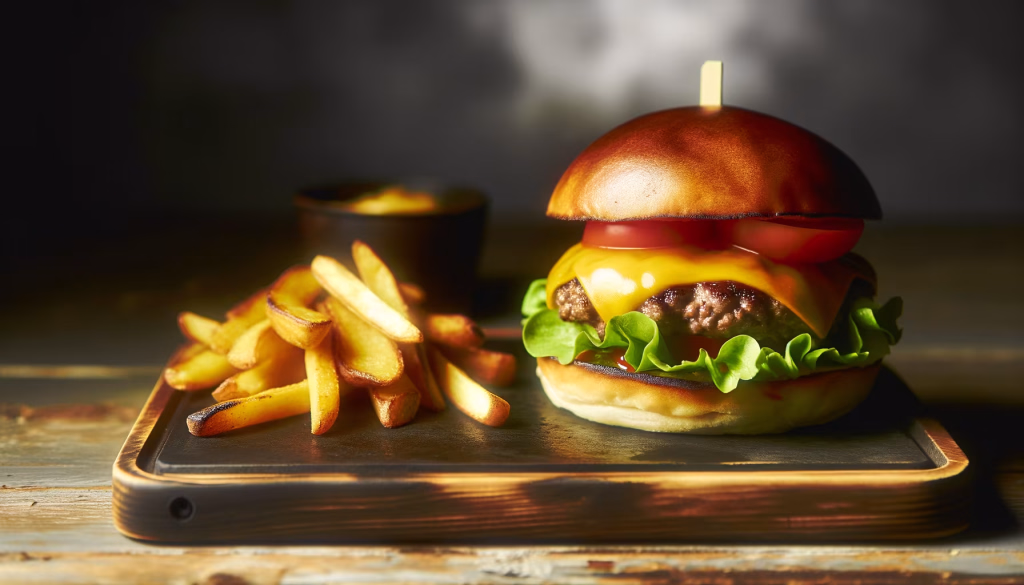 **Textvorschlag:** Ein unwiderstehlicher Cheeseburger, perfekt zubereitet mit saftigem Patty, geschmolzenem Käse, frischem Salat und Tomate, begleitet von knusprigen, goldbraunen Pommes Frites. Das klassische Comfort Food für den ultimativen Genuss. **Alternativtext:** Ein saftiger Cheeseburger mit Salat und Tomate, serviert mit goldbraunen Pommes Frites auf einem dunklen Holzbrett.