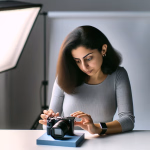 Eine Frau in einem Fotostudio inspiziert eine Kamera, die vor ihr auf einem Podest steht.