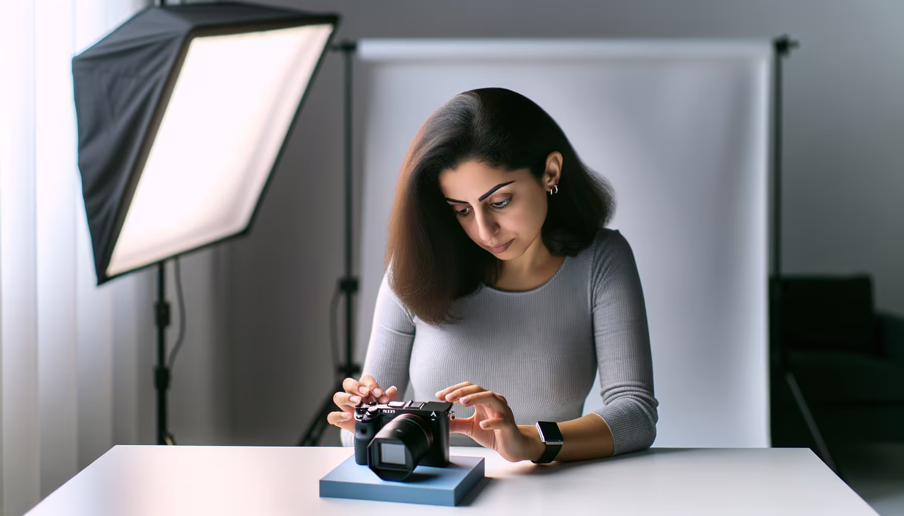 Eine Frau in einem Fotostudio inspiziert eine Kamera, die vor ihr auf einem Podest steht.
