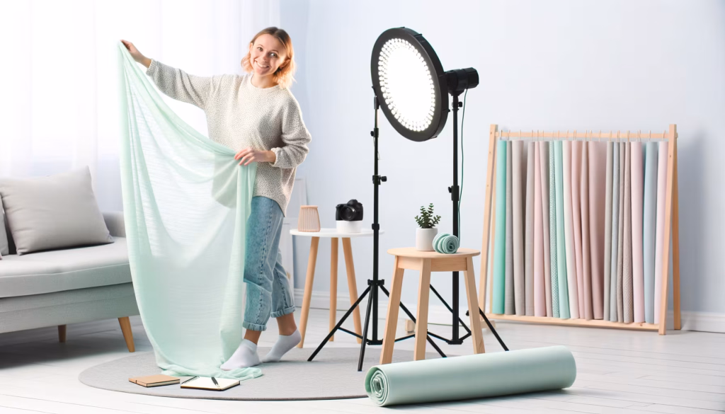 Eine lächelnde Frau hält einen mintgrünen Stoff in einem hellen Kreativstudio, umgeben von professioneller Beleuchtung und einer Auswahl an farbigen Hintergrundstoffen.