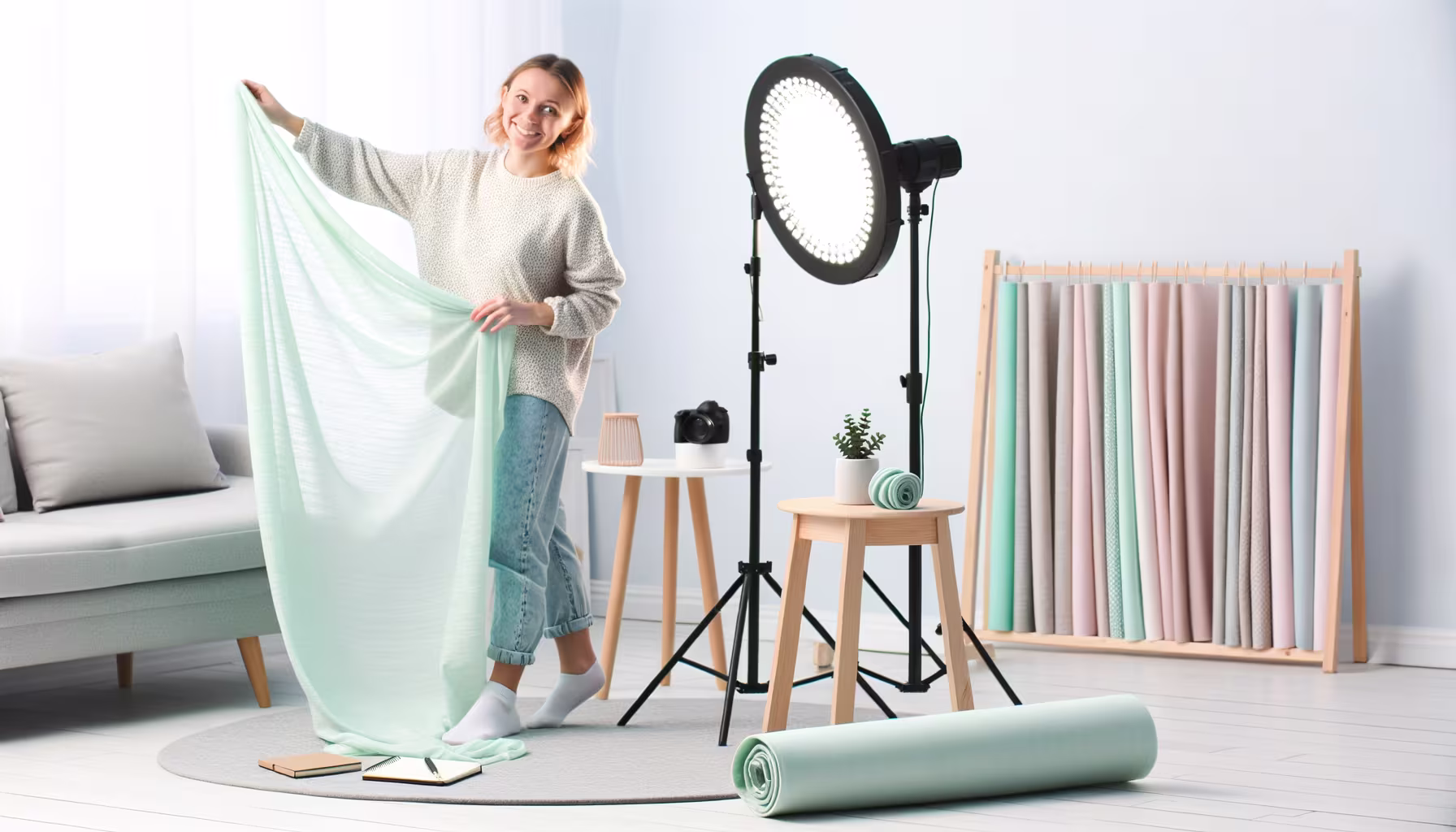 Eine lächelnde Frau hält einen mintgrünen Stoff in einem hellen Kreativstudio, umgeben von professioneller Beleuchtung und einer Auswahl an farbigen Hintergrundstoffen.