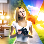 **Vorgeschlagener Text:** Träumst du auch davon, dem Alltag zu entfliehen und deine Leidenschaft für die Fotografie in der Natur auszuleben? Dieses Bild fängt den Spagat zwischen dem Schreibtisch und der weiten Welt ein, in der kreative Ideen nur darauf warten, festgehalten zu werden. Es symbolisiert den Wunsch, Inspiration jenseits der Bürowände zu finden und die Schönheit der Natur durch die Linse einzufangen. **Alternativtext:** Eine Frau mit Kamera steht auf einem Pfad, der eine Büroumgebung links mit einer sonnigen Naturlandschaft rechts verbindet. Sie blickt träumend nach oben.