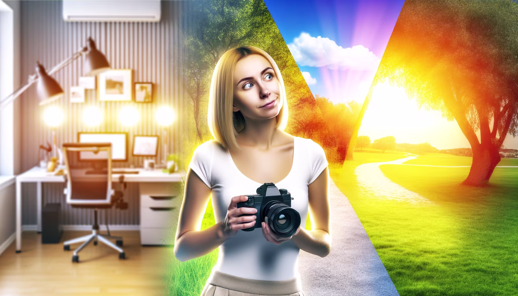 **Vorgeschlagener Text:** Träumst du auch davon, dem Alltag zu entfliehen und deine Leidenschaft für die Fotografie in der Natur auszuleben? Dieses Bild fängt den Spagat zwischen dem Schreibtisch und der weiten Welt ein, in der kreative Ideen nur darauf warten, festgehalten zu werden. Es symbolisiert den Wunsch, Inspiration jenseits der Bürowände zu finden und die Schönheit der Natur durch die Linse einzufangen. **Alternativtext:** Eine Frau mit Kamera steht auf einem Pfad, der eine Büroumgebung links mit einer sonnigen Naturlandschaft rechts verbindet. Sie blickt träumend nach oben.