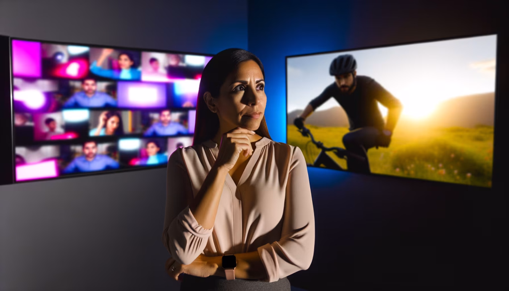 In einer Welt, die ständig zwischen virtuellen Anforderungen und dem Ruf nach realen Erlebnissen schwankt, stehen viele vor der Frage: Wie finde ich meine persönliche Balance? Das Bild fängt genau diesen Moment der Reflexion ein – zwischen den Verpflichtungen einer digitalen Arbeitsumgebung und der Sehnsucht nach Abenteuern in der Natur. Welche Seite überwiegt in Ihrem Alltag, und wie gestalten Sie Ihren Weg, um beides zu vereinen? **Alternativtext:** Eine nachdenkliche Frau blickt zwischen zwei Bildschirmen, die eine Videokonferenz und einen Mountainbiker im Sonnenuntergang zeigen.