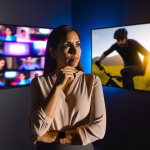 In einer Welt, die ständig zwischen virtuellen Anforderungen und dem Ruf nach realen Erlebnissen schwankt, stehen viele vor der Frage: Wie finde ich meine persönliche Balance? Das Bild fängt genau diesen Moment der Reflexion ein – zwischen den Verpflichtungen einer digitalen Arbeitsumgebung und der Sehnsucht nach Abenteuern in der Natur. Welche Seite überwiegt in Ihrem Alltag, und wie gestalten Sie Ihren Weg, um beides zu vereinen? **Alternativtext:** Eine nachdenkliche Frau blickt zwischen zwei Bildschirmen, die eine Videokonferenz und einen Mountainbiker im Sonnenuntergang zeigen.