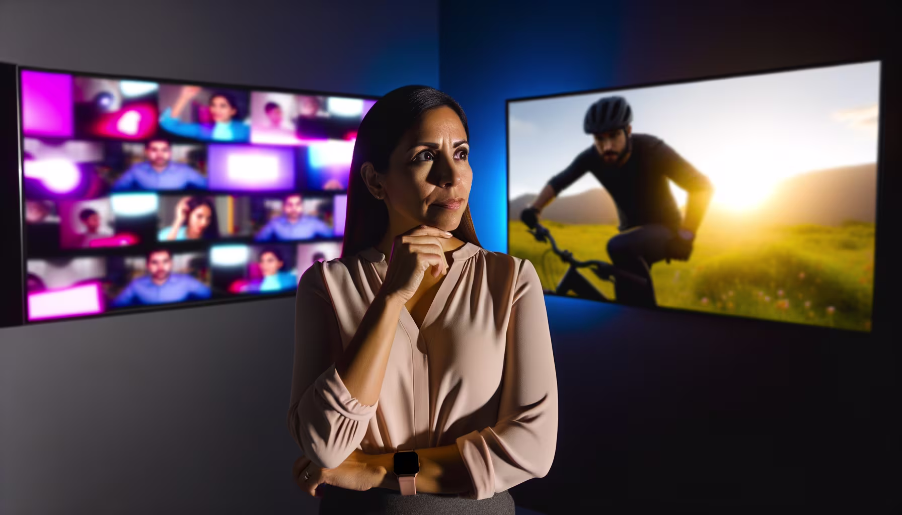 In einer Welt, die ständig zwischen virtuellen Anforderungen und dem Ruf nach realen Erlebnissen schwankt, stehen viele vor der Frage: Wie finde ich meine persönliche Balance? Das Bild fängt genau diesen Moment der Reflexion ein – zwischen den Verpflichtungen einer digitalen Arbeitsumgebung und der Sehnsucht nach Abenteuern in der Natur. Welche Seite überwiegt in Ihrem Alltag, und wie gestalten Sie Ihren Weg, um beides zu vereinen? **Alternativtext:** Eine nachdenkliche Frau blickt zwischen zwei Bildschirmen, die eine Videokonferenz und einen Mountainbiker im Sonnenuntergang zeigen.