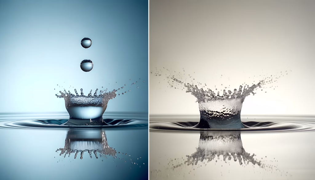 Zwei beeindruckende Momentaufnahmen von Wassertropfen, die auf eine Flüssigkeitsoberfläche aufprallen und dabei dynamische kronenartige Spritzer mit aufsteigenden Tropfen und klaren Reflexionen bilden.