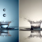 Zwei beeindruckende Momentaufnahmen von Wassertropfen, die auf eine Flüssigkeitsoberfläche aufprallen und dabei dynamische kronenartige Spritzer mit aufsteigenden Tropfen und klaren Reflexionen bilden.