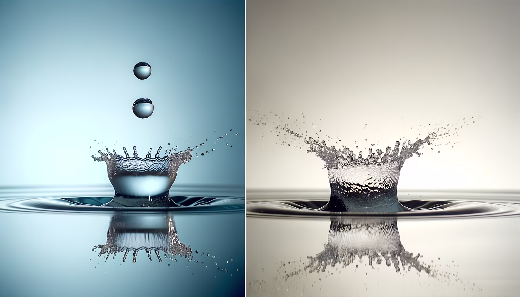 Zwei beeindruckende Momentaufnahmen von Wassertropfen, die auf eine Flüssigkeitsoberfläche aufprallen und dabei dynamische kronenartige Spritzer mit aufsteigenden Tropfen und klaren Reflexionen bilden.