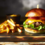 **Textvorschlag:** Ein unwiderstehlicher Cheeseburger, perfekt zubereitet mit saftigem Patty, geschmolzenem Käse, frischem Salat und Tomate, begleitet von knusprigen, goldbraunen Pommes Frites. Das klassische Comfort Food für den ultimativen Genuss. **Alternativtext:** Ein saftiger Cheeseburger mit Salat und Tomate, serviert mit goldbraunen Pommes Frites auf einem dunklen Holzbrett.