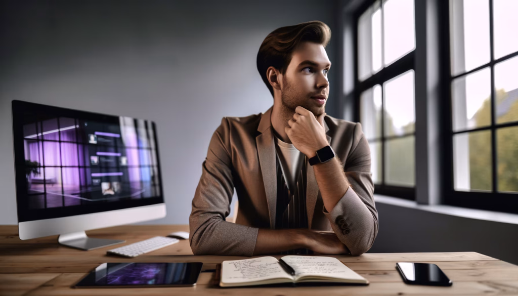 Ein junger Mann sitzt an einem Holztisch in einer modernen Arbeitsumgebung. Er trägt ein beiges Sakko und schaut nachdenklich zur Seite, seine rechte Hand am Kinn. Auf dem Schreibtisch stehen ein stilvoller Computer, dessen Bildschirm eine violett-leuchtende Benutzeroberfläche oder abstrakte Grafiken zeigt, eine Tastatur und eine Maus. Daneben liegen ein Tablet, ein Smartphone und ein geöffnetes Notizbuch mit einem Stift. An seinem Handgelenk trägt der Mann eine Smartwatch. Durch ein großes Fenster im Hintergrund ist grüne Natur zu erkennen. Die Szene suggeriert eine kreative Denkpause oder eine Phase der Reflexion bei der Arbeit. **Alternativtext:** Ein junger Mann sitzt nachdenklich an einem Schreibtisch mit Computer, Tablet und Notizbuch, während er zur Seite blickt.