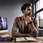 Ein junger Mann sitzt an einem Holztisch in einer modernen Arbeitsumgebung. Er trägt ein beiges Sakko und schaut nachdenklich zur Seite, seine rechte Hand am Kinn. Auf dem Schreibtisch stehen ein stilvoller Computer, dessen Bildschirm eine violett-leuchtende Benutzeroberfläche oder abstrakte Grafiken zeigt, eine Tastatur und eine Maus. Daneben liegen ein Tablet, ein Smartphone und ein geöffnetes Notizbuch mit einem Stift. An seinem Handgelenk trägt der Mann eine Smartwatch. Durch ein großes Fenster im Hintergrund ist grüne Natur zu erkennen. Die Szene suggeriert eine kreative Denkpause oder eine Phase der Reflexion bei der Arbeit. **Alternativtext:** Ein junger Mann sitzt nachdenklich an einem Schreibtisch mit Computer, Tablet und Notizbuch, während er zur Seite blickt.