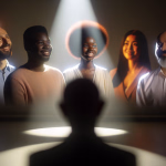 Fünf lächelnde Personen unterschiedlicher Herkunft stehen im hellen Scheinwerferlicht auf einer Bühne, beobachtet von einer Person im Vordergrund.