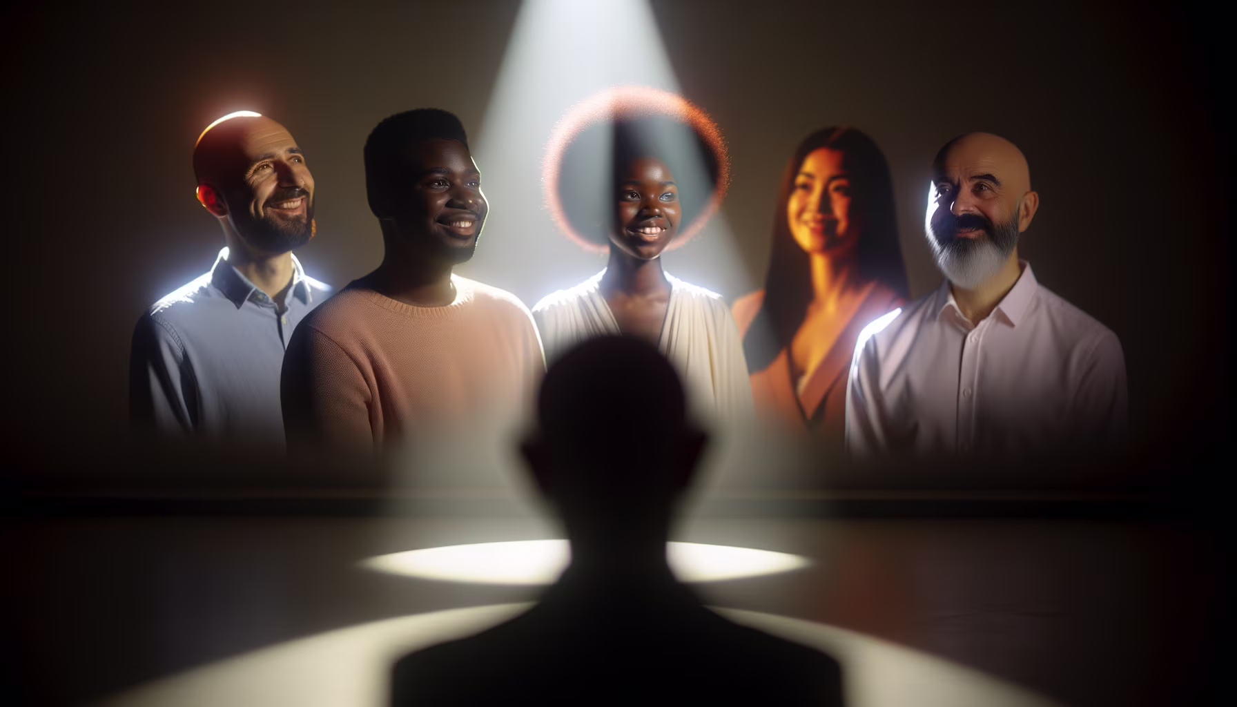 Fünf lächelnde Personen unterschiedlicher Herkunft stehen im hellen Scheinwerferlicht auf einer Bühne, beobachtet von einer Person im Vordergrund.