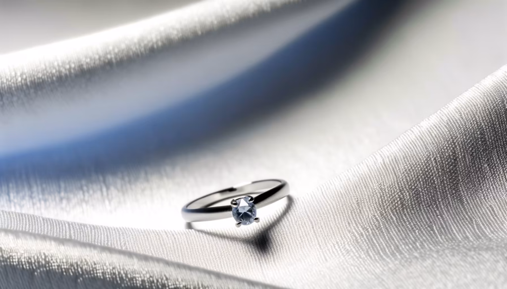 Ein silberner Ring mit einem ovalen, hellblauen Edelstein liegt auf einem glänzenden weißen Stoff.