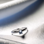 Ein silberner Ring mit einem ovalen, hellblauen Edelstein liegt auf einem glänzenden weißen Stoff.