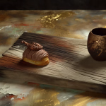 **Textvorschlag:** Ein Moment der Ruhe und des Genusses: Dieses kunstvoll arrangierte Gebäck, gekrönt von einer feinen Dekoration, lädt zusammen mit einer rustikalen Tasse zu einer wohlverdienten Pause ein. Präsentiert auf einer charaktervollen Holzplatte vor einem stimmungsvollen, farbenreichen Hintergrund, entsteht ein sinnliches Erlebnis, das Handwerkskunst und Gaumenfreude vereint. **Alternativtext:** Ein kunstvoll verziertes Gebäck und eine rustikale Keramiktasse stehen auf einem Holzbrett vor einem abstrakten Hintergrund mit goldenen und erdigen Tönen.