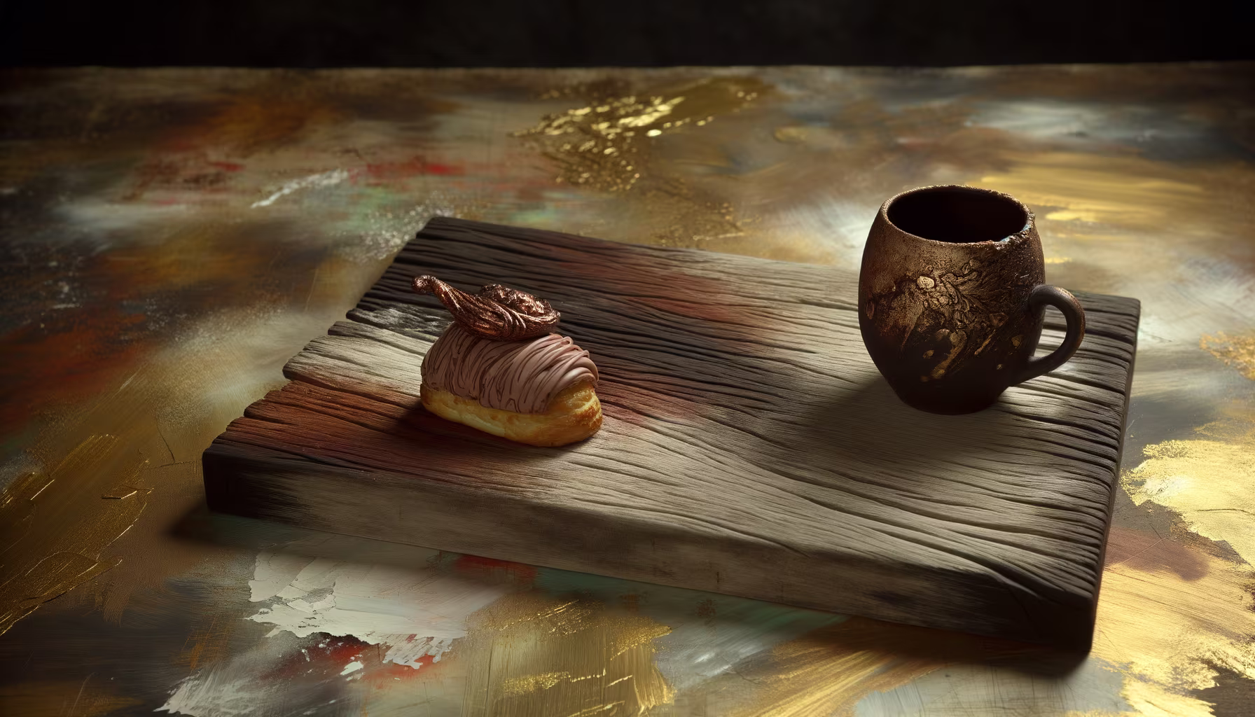 **Textvorschlag:** Ein Moment der Ruhe und des Genusses: Dieses kunstvoll arrangierte Gebäck, gekrönt von einer feinen Dekoration, lädt zusammen mit einer rustikalen Tasse zu einer wohlverdienten Pause ein. Präsentiert auf einer charaktervollen Holzplatte vor einem stimmungsvollen, farbenreichen Hintergrund, entsteht ein sinnliches Erlebnis, das Handwerkskunst und Gaumenfreude vereint. **Alternativtext:** Ein kunstvoll verziertes Gebäck und eine rustikale Keramiktasse stehen auf einem Holzbrett vor einem abstrakten Hintergrund mit goldenen und erdigen Tönen.