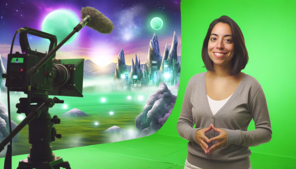 Das Bild zeigt eine junge Frau mit dunklem Haar, die lächelnd in die Kamera blickt. Sie steht vor einem Greenscreen, der teilweise durch eine fantastische, außerirdische Landschaft mit leuchtenden Kugeln, spitzen Felsen und futuristischen Gebäuden unter einem sternenübersäten, violett-grünen Himmel ersetzt wurde. Im Vordergrund links ist eine professionelle Filmkamera auf einem Stativ mit aufgesetztem Mikrofon zu sehen. Auf dem kleinen Monitor der Kamera ist das Abbild der Frau erkennbar. **Alternativtext:** Eine Frau steht lächelnd vor einem Greenscreen, der teilweise ein fantastisches Alien-Szenario zeigt, mit einer Filmkamera im Vordergrund, die sie aufnimmt.
