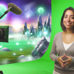 Das Bild zeigt eine junge Frau mit dunklem Haar, die lächelnd in die Kamera blickt. Sie steht vor einem Greenscreen, der teilweise durch eine fantastische, außerirdische Landschaft mit leuchtenden Kugeln, spitzen Felsen und futuristischen Gebäuden unter einem sternenübersäten, violett-grünen Himmel ersetzt wurde. Im Vordergrund links ist eine professionelle Filmkamera auf einem Stativ mit aufgesetztem Mikrofon zu sehen. Auf dem kleinen Monitor der Kamera ist das Abbild der Frau erkennbar. **Alternativtext:** Eine Frau steht lächelnd vor einem Greenscreen, der teilweise ein fantastisches Alien-Szenario zeigt, mit einer Filmkamera im Vordergrund, die sie aufnimmt.