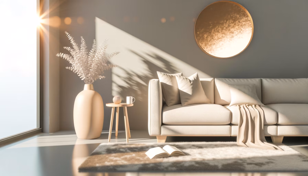 Dieses Bild zeigt ein helles und modernes Wohnzimmer, das zum Entspannen einlädt. Eine große Fensterfront auf der linken Seite lässt warmes Sonnenlicht herein, das den Raum durchflutet und dekorative Schatten von Blättern auf die hellgraue Wand und den Boden wirft. Die Sonne erzeugt einen strahlenden Glanzpunkt am oberen linken Bildrand. Im Zentrum steht ein komfortables, beigefarbenes Sofa, das mit mehreren passenden Kissen und einer cremefarbenen Decke geschmückt ist. Daneben befindet sich ein kleiner runder Holzhocker, auf dem eine weiße Tasse und ein geriffeltes Deko-Objekt stehen. Eine große, glatte Vase in einem warmen Nudeton, gefüllt mit hellen, getrockneten Pflanzenzweigen, ergänzt die natürliche Ästhetik des Raumes. Über dem Sofa hängt ein auffälliges, rundes Wandobjekt in goldenen