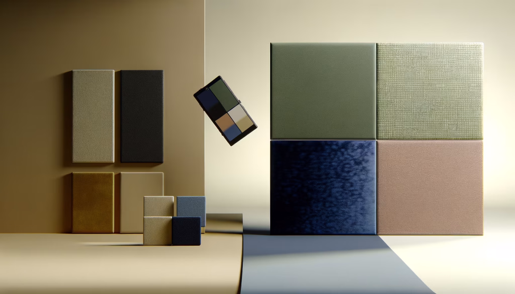 Strukturierte Materialmuster in Grüntönen, Blautönen, Beigetönen und Schwarz, angeordnet mit einer schwebenden Farbpalette, die Designmöglichkeiten darstellt.