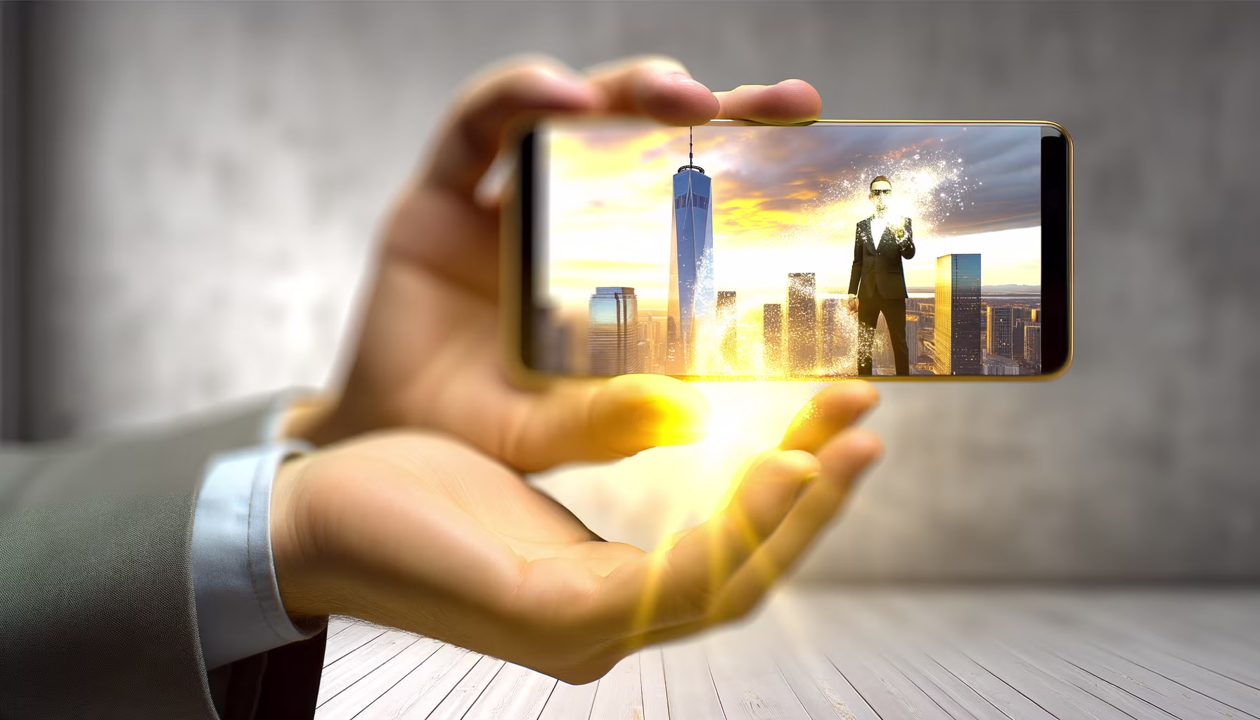 Hände halten ein Smartphone, das eine leuchtende Stadtlandschaft bei Sonnenuntergang zeigt, mit einem stilisierten Geschäftsmann, der von goldenen Funken umgeben ist. Diese Funken und das Licht scheinen vom Bildschirm in die Hände überzugehen.